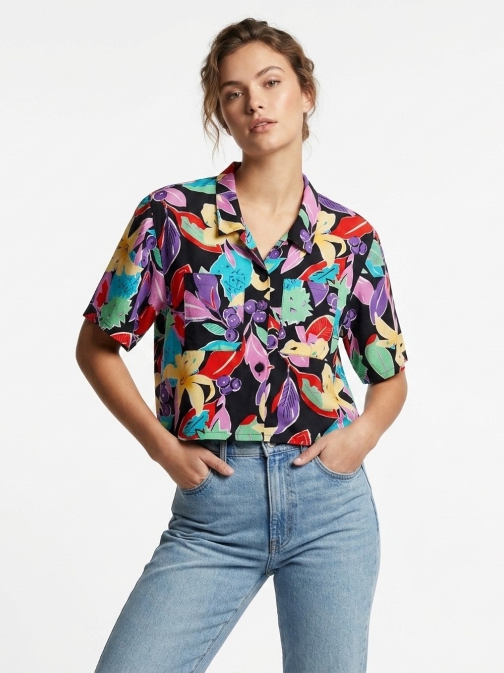 Langtry Ltd Vintage 80s Abstract Floral Boxy Shirt M Made In USA Shoulder Pads
